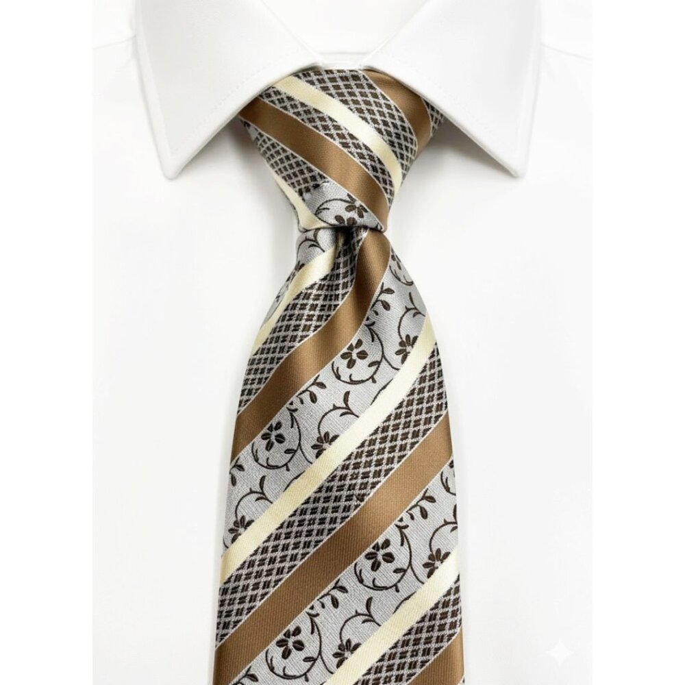 Hi-Tie Gold Silk Men’s Tie Geometric Floral Striped Woven Jacquard